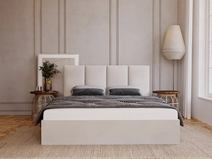Łóżko tapicerowane 160x200 cm Drimmi z pojemnikiem szarobeżowe velvet hydrofobowy