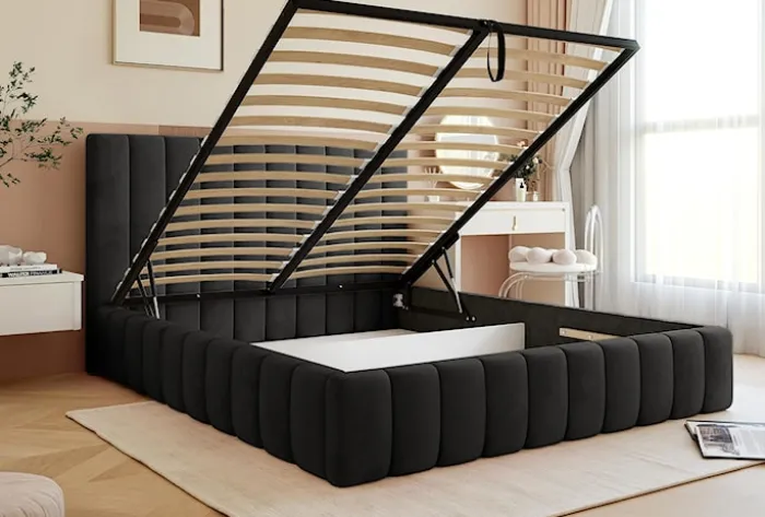 Łóżko tapicerowane 180x200 cm Fiarro z pojemnikiem na pościel ciemnoszare welur stelaż metalowy