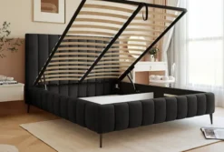 Łóżko tapicerowane 180x200 cm Fiarro z pojemnikiem na pościel ciemnoszare welur stelaż metalowy na wysokich nóżkach