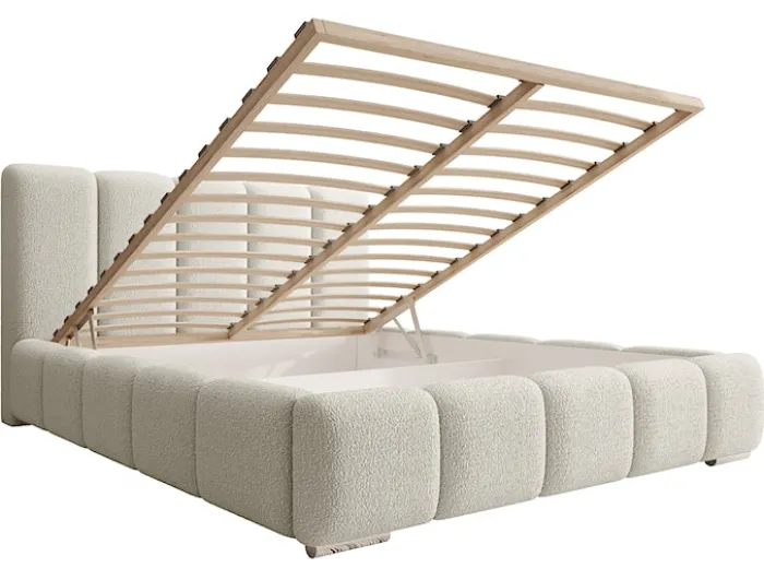 Łóżko tapicerowane 180x200 cm Fiftino z pojemnikiem na pościel kremowe boucle