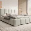 Łóżko tapicerowane 140x200 cm Fiftino z pojemnikiem na pościel kremowe boucle