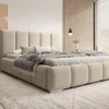 Łóżko tapicerowane 160x200 cm Fiftino z pojemnikiem na pościel beżowe boucle