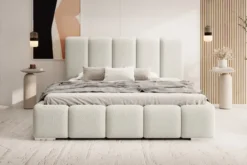 Łóżko tapicerowane 160x200 cm Fiftino z pojemnikiem na pościel kremowe boucle
