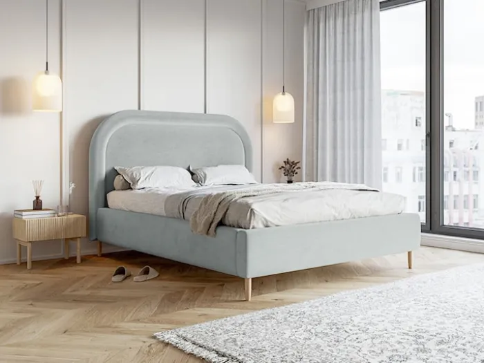 Łóżko tapicerowane 160x200 cm Loreo z pojemnikiem gołębie welur hydrofobowy