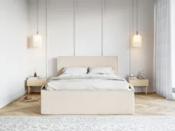 Łóżko tapicerowane 180x200 cm Lucera z pojemnikiem jasnobeżowe szenil