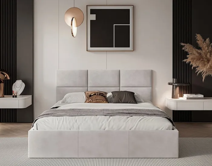 Łóżko tapicerowane 180x200 cm Nestio z pojemnikiem i metalowym stelażem jasnobeżowy welur