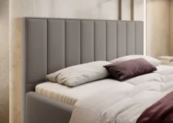 Łóżko tapicerowane 140x200 cm Rinus z pojemnikiem beżowe w tkaninie hydrofobowej