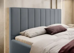 Łóżko tapicerowane 200x200 cm Rinus z pojemnikiem szare w tkaninie hydrofobowej