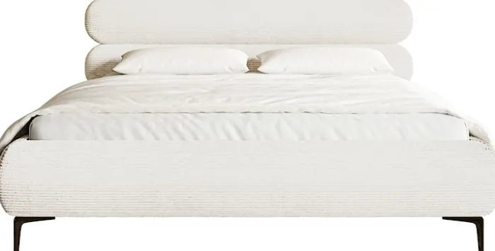 Łóżko tapicerowane 140x200 cm Roule Cord z pojemnikiem stelaż metalowy kremowe sztruks nóżki czarne