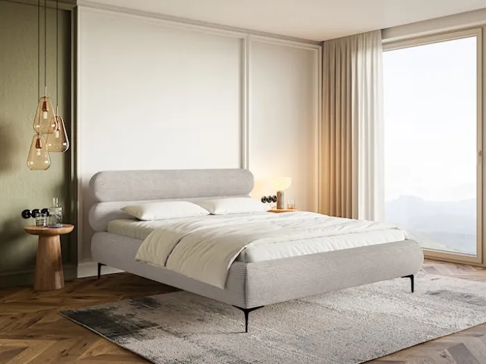 Łóżko tapicerowane 180x200 cm Roule Cord z pojemnikiem stelaż metalowy szarobeżowe sztruks nóżki czarne