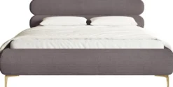 Łóżko tapicerowane 140x200 cm Roule Cord z pojemnikiem stelaż metalowy brązowe sztruks nóżki złote