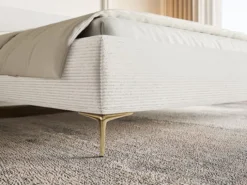 Łóżko tapicerowane 160x200 cm Roule Cord z pojemnikiem stelaż metalowy kremowe sztruks nóżki złote