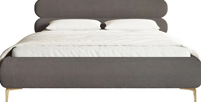 Łóżko tapicerowane 180x200 cm Roule Cord z pojemnikiem stelaż metalowy szare sztruks nóżki złote
