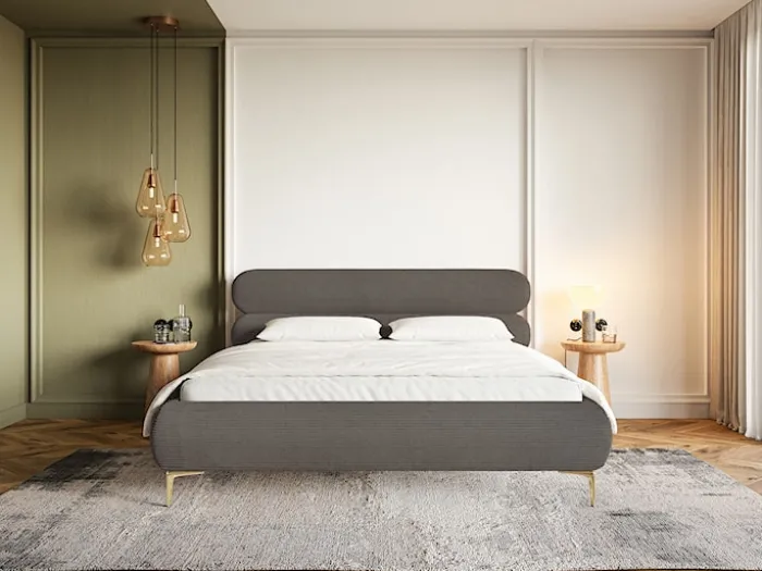 Łóżko tapicerowane 180x200 cm Roule Cord z pojemnikiem stelaż metalowy szare sztruks nóżki złote