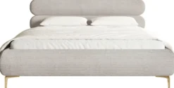 Łóżko tapicerowane 180x200 cm Roule Cord z pojemnikiem stelaż metalowy szarobeżowe sztruks nóżki złote
