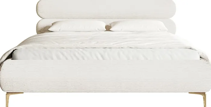 Łóżko tapicerowane 180x200 cm Roule Cord z pojemnikiem stelaż metalowy kremowe sztruks nóżki złote
