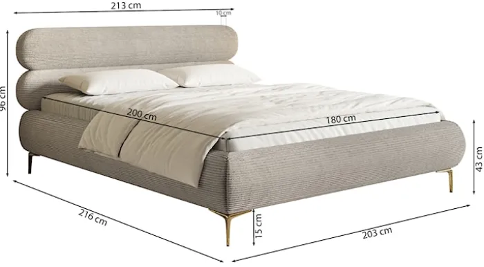 Łóżko tapicerowane 180x200 cm Roule Cord szarobeżowe sztruks nóżki złote