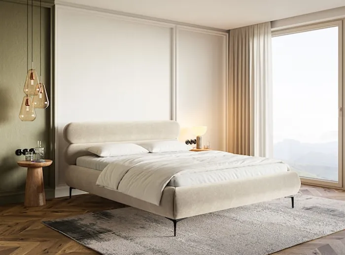 Łóżko tapicerowane 140x200 cm Roule jasnobeżowe welur hydrofobowy nóżki czarne