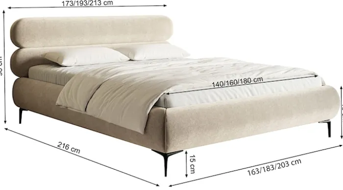Łóżko tapicerowane 140x200 cm Roule z pojemnikiem stelaż metalowy szare welur hydrofobowy nóżki czarne