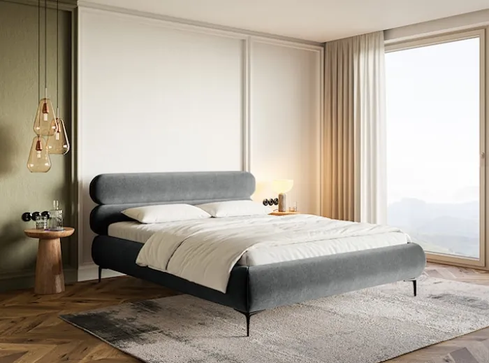 Łóżko tapicerowane 140x200 cm Roule z pojemnikiem stelaż metalowy szare welur hydrofobowy nóżki czarne