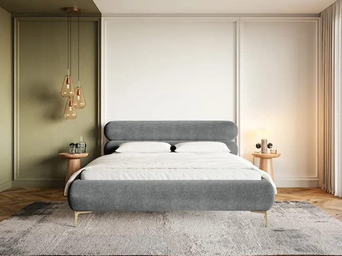 Łóżko tapicerowane 140x200 cm Roule z pojemnikiem stelaż metalowy szare welur hydrofobowy nóżki złote