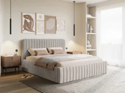 Łóżko tapicerowane 140x200 cm Saliano z pojemnikiem szarobeżowe welur hydrofobowy