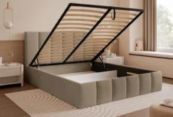 Łóżko tapicerowane 160x200 cm Sarafino z pojemnikiem na pościel ciemnobeżowe welur stelaż metalowy