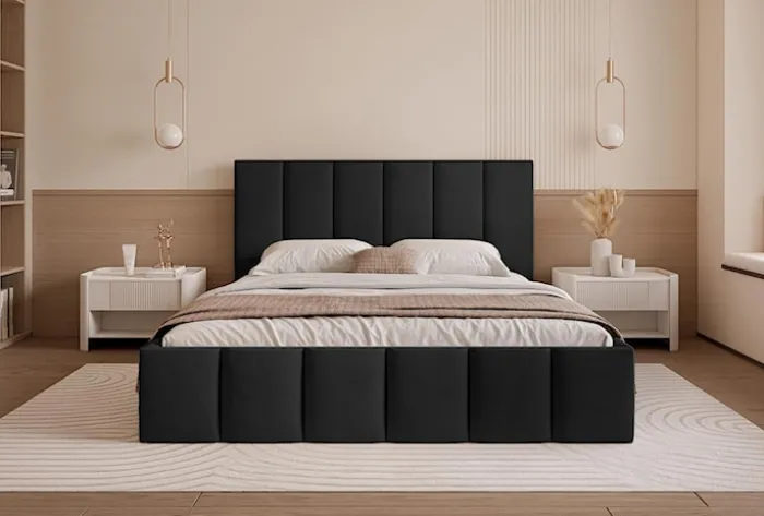 Łóżko tapicerowane 160x200 cm Sarafino z pojemnikiem na pościel czarne welur stelaż metalowy