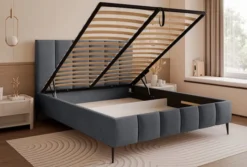 Łóżko tapicerowane 160x200 cm Sarafino z pojemnikiem na pościel ciemnoszare welur stelaż metalowy na wysokich nóżkach