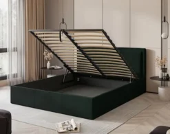 Łóżko tapicerowane 180x200 cm Soave II z pojemnikiem i metalowym stelażem ciemnozielony welur