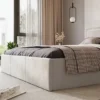 Łóżko tapicerowane 160x200 cm Soave z pojemnikiem i metalowym stelażem jasnobeżowy welur