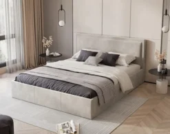Łóżko tapicerowane 160x200 cm Soave z pojemnikiem i metalowym stelażem jasnobeżowy welur