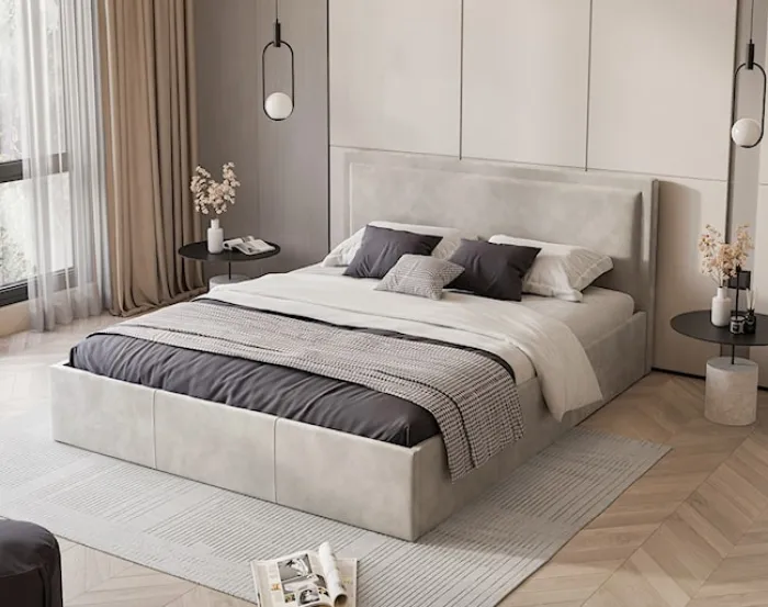 Łóżko tapicerowane 160x200 cm Soave z pojemnikiem i metalowym stelażem jasnobeżowy welur