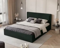 Łóżko tapicerowane 180x200 cm Soave z pojemnikiem i metalowym stelażem ciemnozielony welur