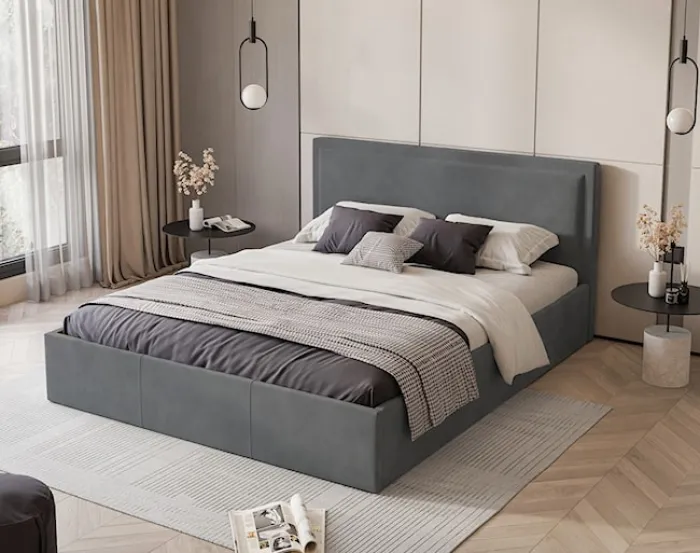 Łóżko tapicerowane 180x200 cm Soave z pojemnikiem i metalowym stelażem stalowy welur