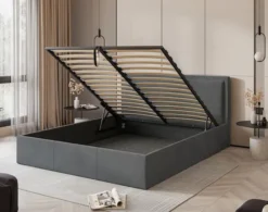 Łóżko tapicerowane 180x200 cm Soave z pojemnikiem i metalowym stelażem stalowy welur