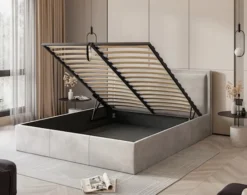 Łóżko tapicerowane 180x200 cm Soave z pojemnikiem i metalowym stelażem jasnobeżowy welur