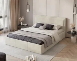 Łóżko tapicerowane 180x200 cm Soave z pojemnikiem i metalowym stelażem kremowy welur