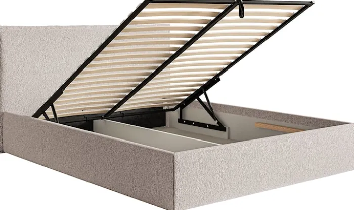 Łóżko tapicerowane 140x200 cm Softie Slim z pojemnikiem beżowe szenil stelaż metalowy