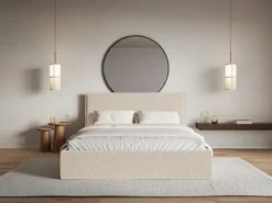 Łóżko tapicerowane 180x200 cm Softie Slim z pojemnikiem jasnobeżowe szenil stelaż metalowy