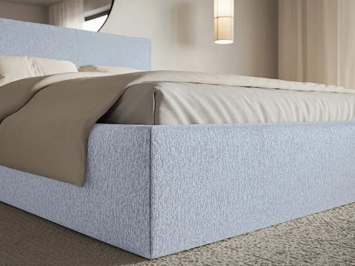 Łóżko tapicerowane 200x200 cm Softie Slim z pojemnikiem błękitne szenil stelaż metalowy