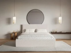 Łóżko tapicerowane 200x200 cm Softie Slim z pojemnikiem beżowe szenil stelaż metalowy