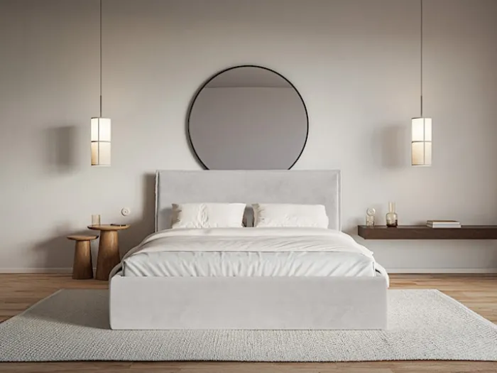 Łóżko tapicerowane 140x200 cm Softie Slim z pojemnikiem jasnoszare welur hydrofobowy stelaż metalowy