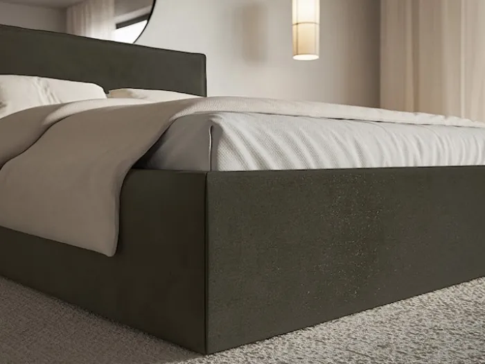 Łóżko tapicerowane 160x200 cm Softie Slim z pojemnikiem ciemnozielone welur hydrofobowy stelaż metalowy