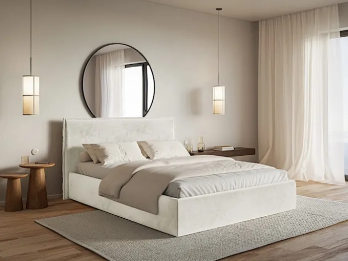 Łóżko tapicerowane 160x200 cm Softie Slim szarobeżowe welur hydrofobowy