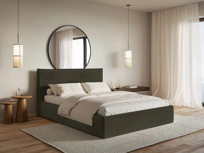 Łóżko tapicerowane 180x200 cm Softie Slim z pojemnikiem ciemnozielone welur hydrofobowy stelaż metalowy