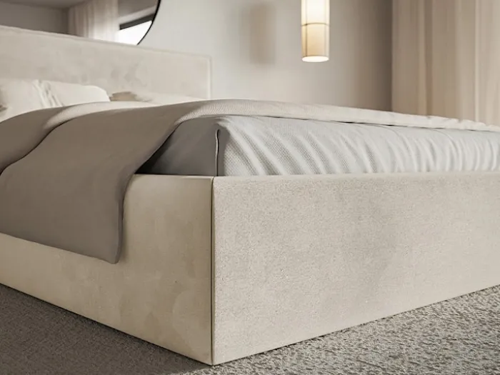 Łóżko tapicerowane 180x200 cm Softie Slim z pojemnikiem beżowe welur hydrofobowy stelaż metalowy