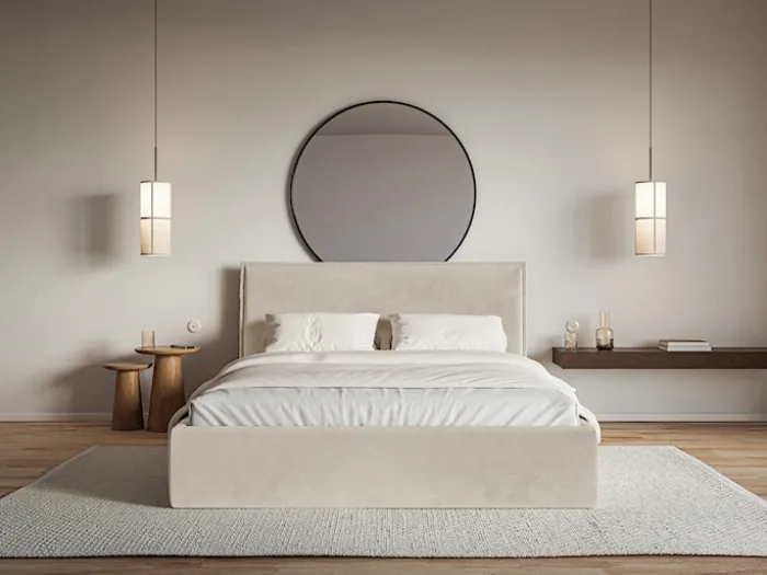Łóżko tapicerowane 180x200 cm Softie Slim z pojemnikiem beżowe welur hydrofobowy stelaż metalowy