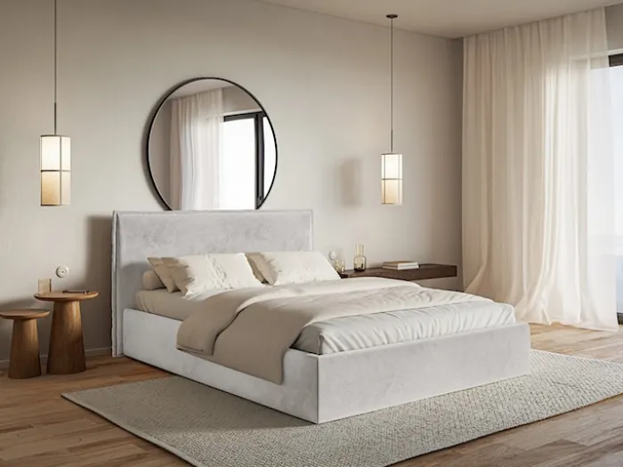 Łóżko tapicerowane 200x200 cm Softie Slim z pojemnikiem jasnoszare welur hydrofobowy stelaż metalowy