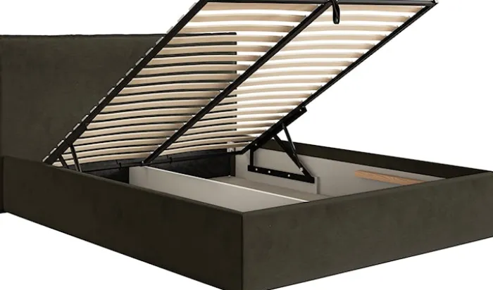 Łóżko tapicerowane 200x200 cm Softie Slim z pojemnikiem ciemnozielone welur hydrofobowy stelaż metalowy